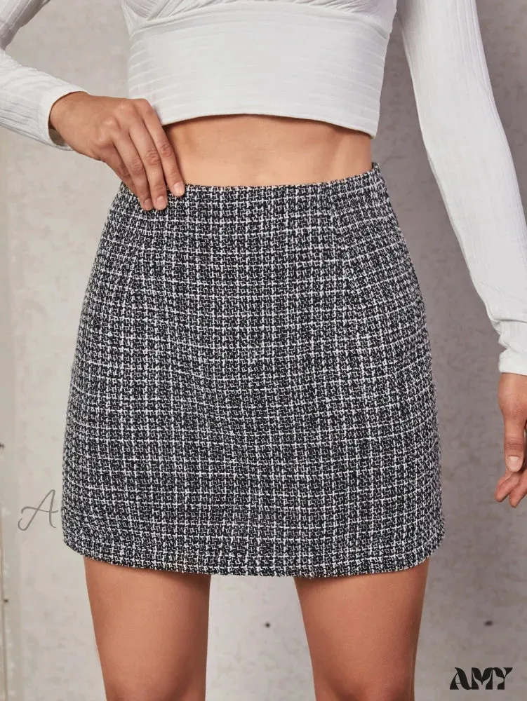 Amy Fashion - High Waist Plaid Tweed Skirt