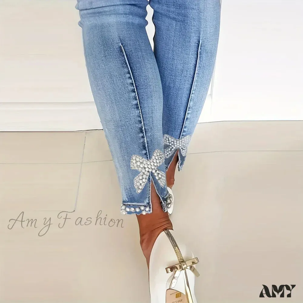 Amy Fashion - Women's Blue High-Stretch Skinny with Faux Pearl Decor and Slim Fit - Stylish and Comfortable Denim Jean