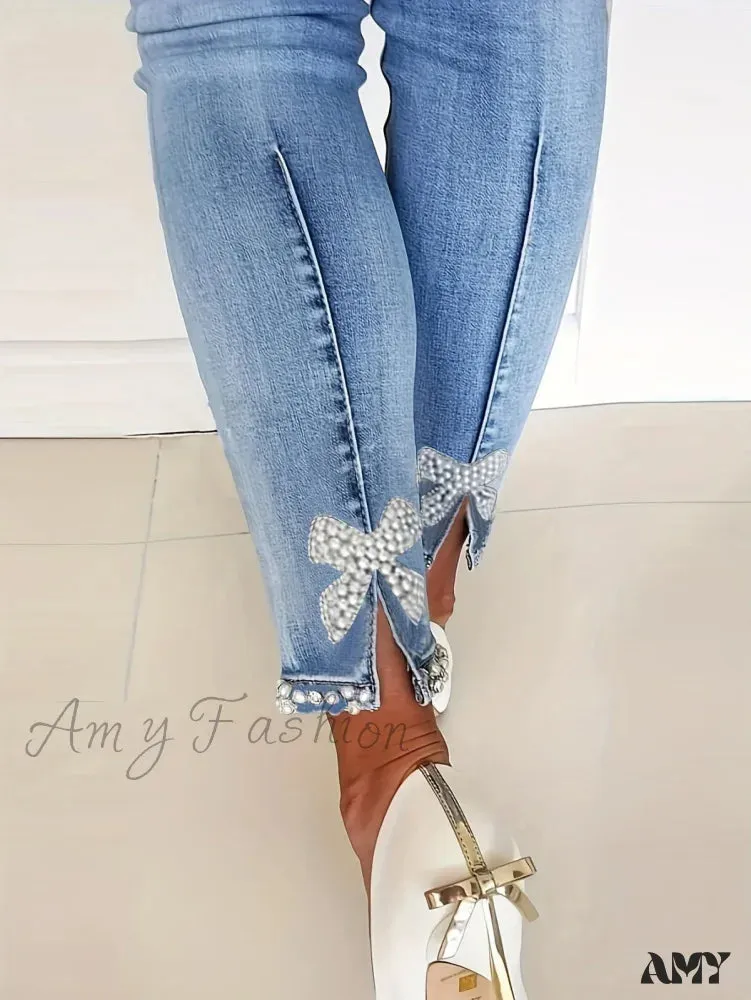 Amy Fashion - Women's Blue High-Stretch Skinny with Faux Pearl Decor and Slim Fit - Stylish and Comfortable Denim Jean