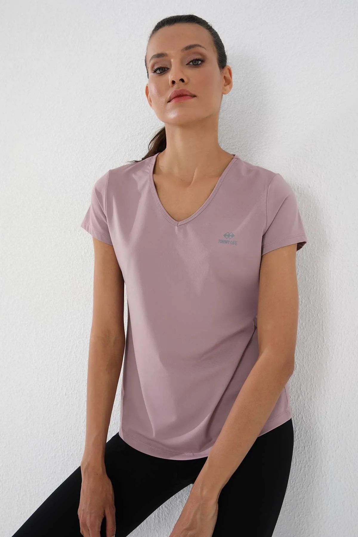 basic kisa kol standart kalip v yaka kadin t-shirt - 97145