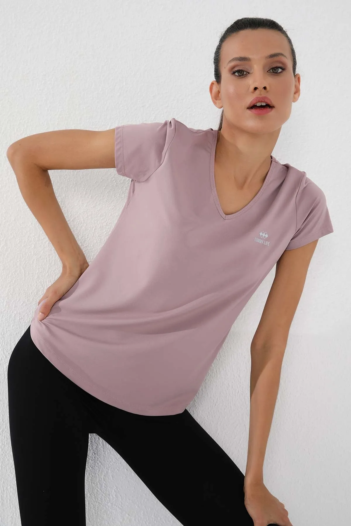 basic kisa kol standart kalip v yaka kadin t-shirt - 97145