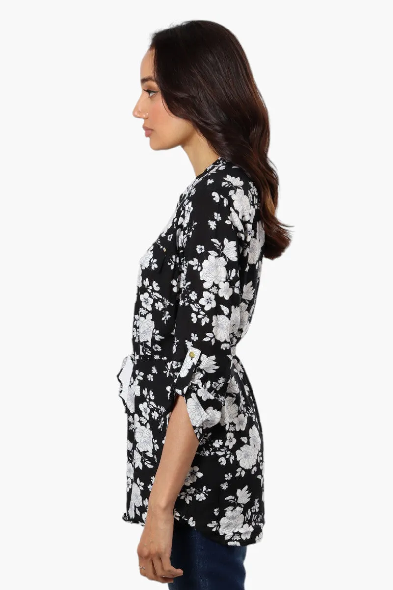 Beechers Brook Floral Belted Roll Up Sleeve Blouse - Black