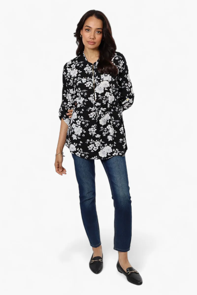 Beechers Brook Floral Belted Roll Up Sleeve Blouse - Black