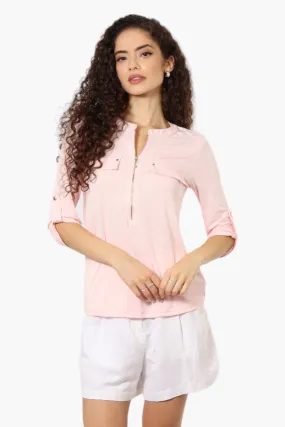 Beechers Brook Solid Half Zip Roll Up Sleeve Shirt - Pink