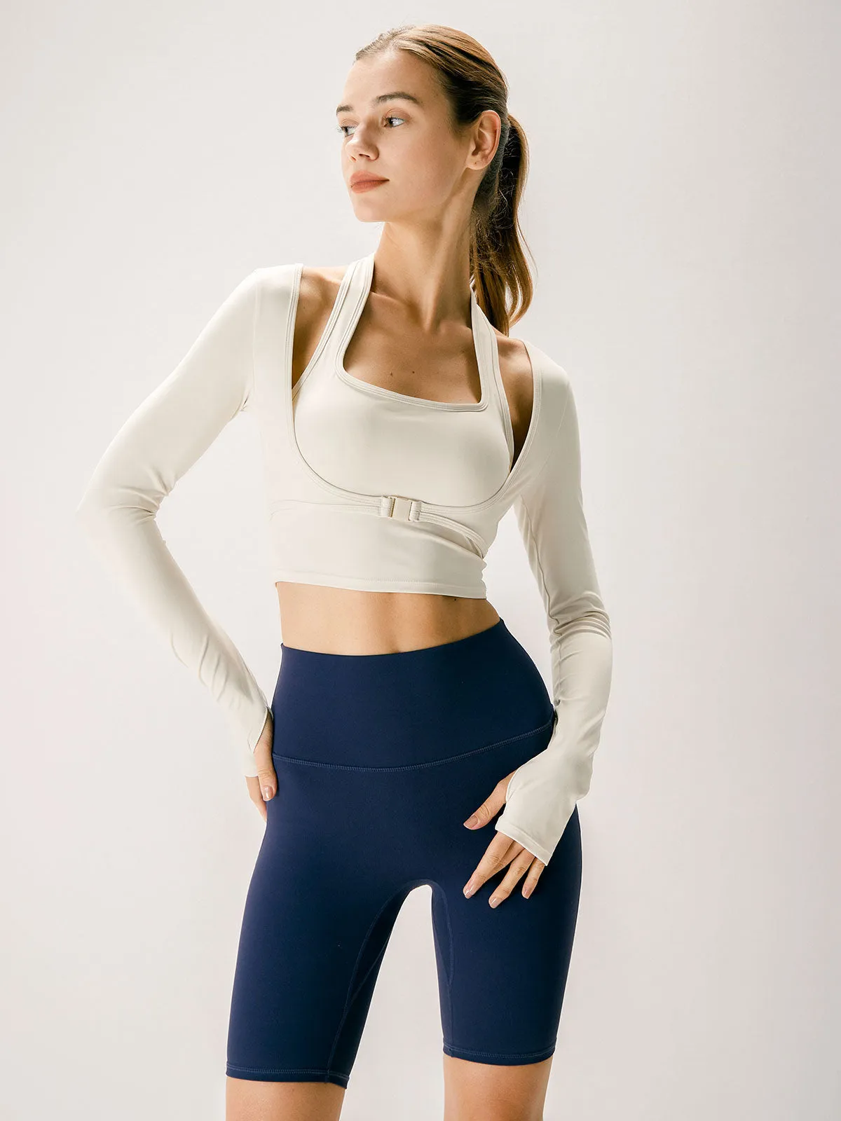 Beige Halter Long Sleeve Top