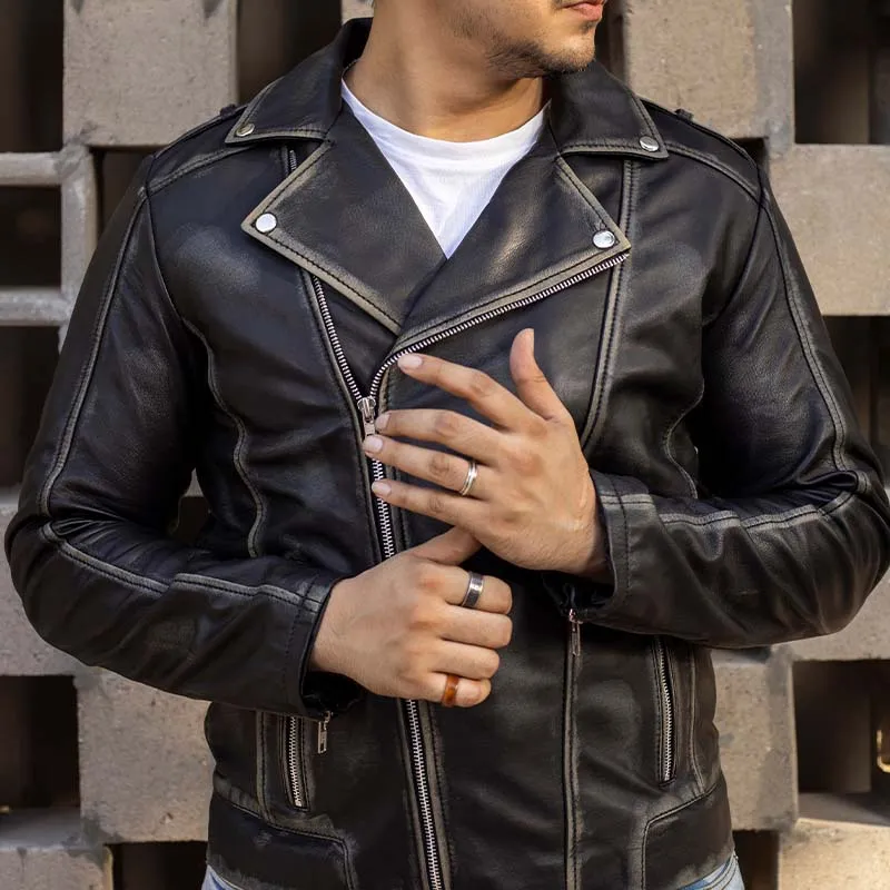 Biker Style Genuine Leather Jacket Men - Vintage Look Asymmetric Zip-Up Hand Waxed Leather Lapel Style Motorcycle Jacket-Black