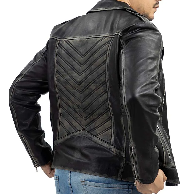 Biker Style Genuine Leather Jacket Men - Vintage Look Asymmetric Zip-Up Hand Waxed Leather Lapel Style Motorcycle Jacket-Black