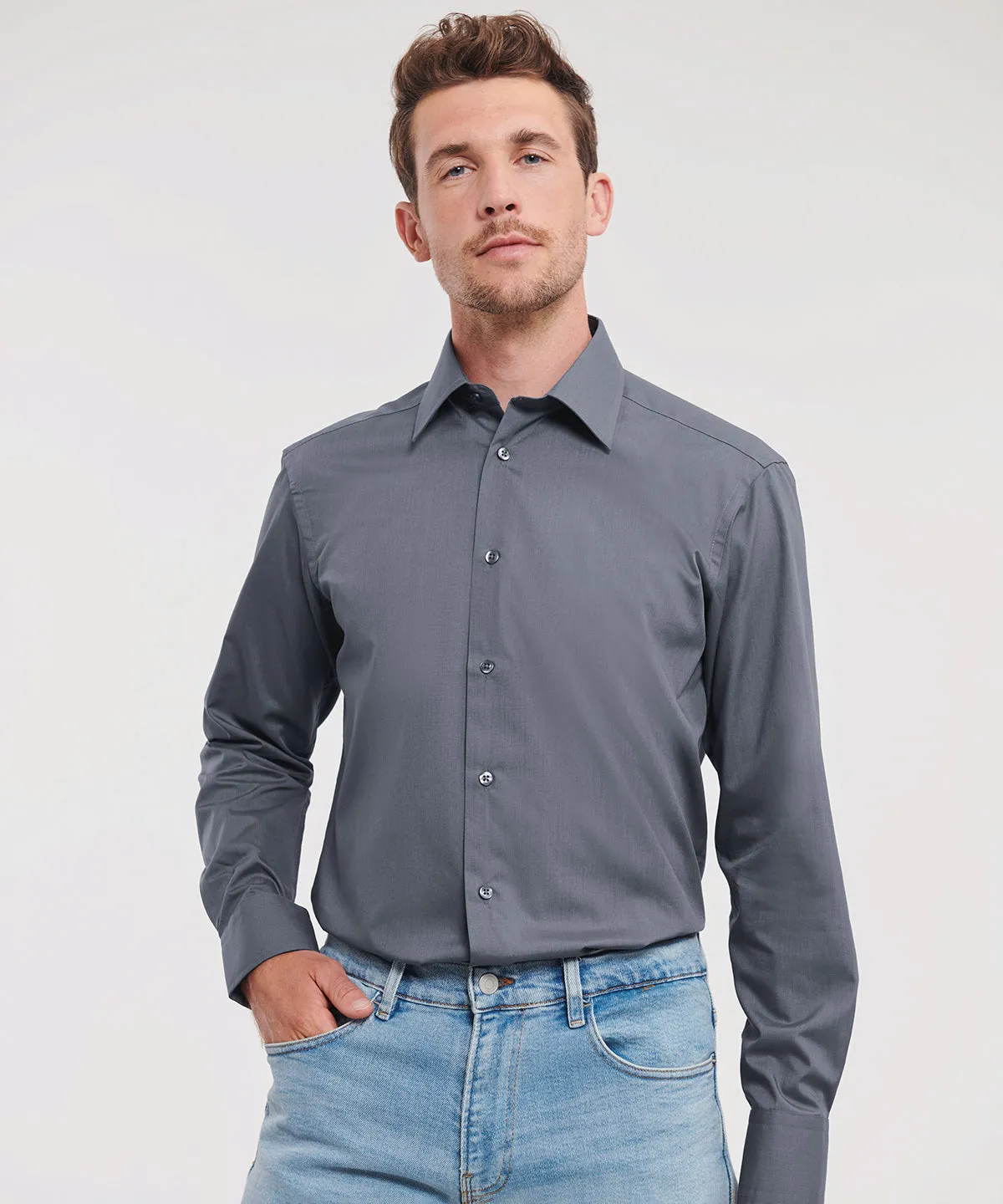 Black - Long sleeve polycotton easycare fitted poplin shirt