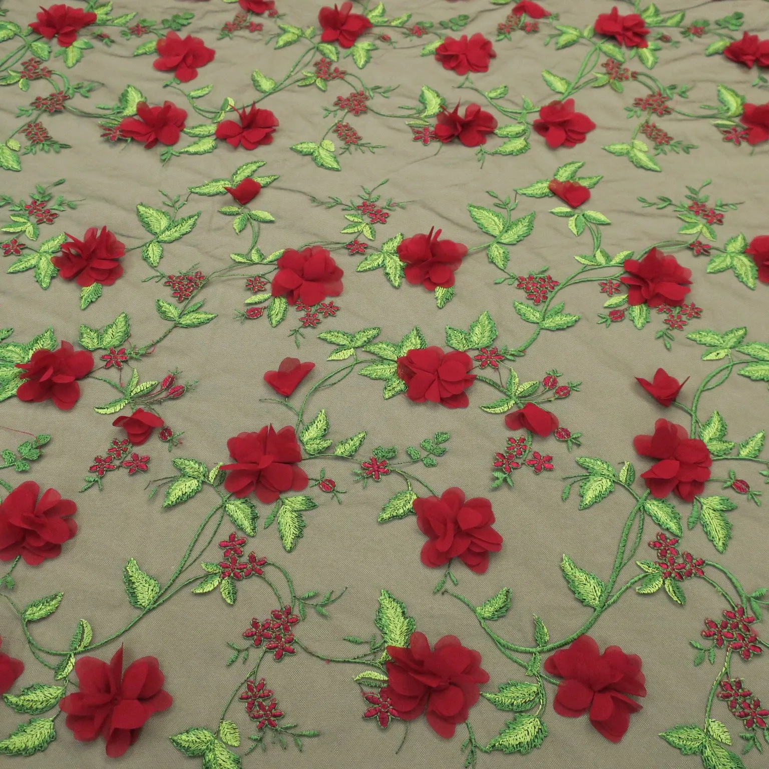 Black Tulle with  Red 3D Flowers Design  Embroidered  Fabric