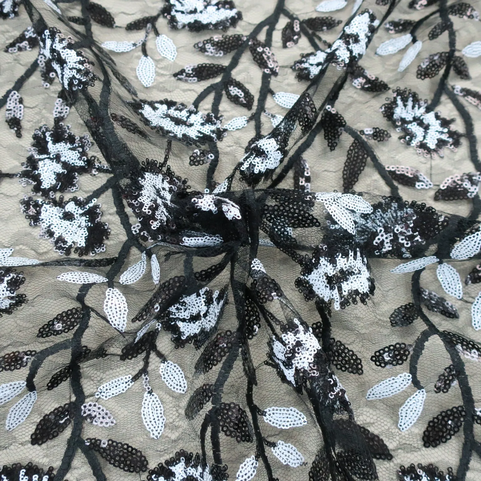 Black Tulle with White Floral Sequins Embroidered Fabric