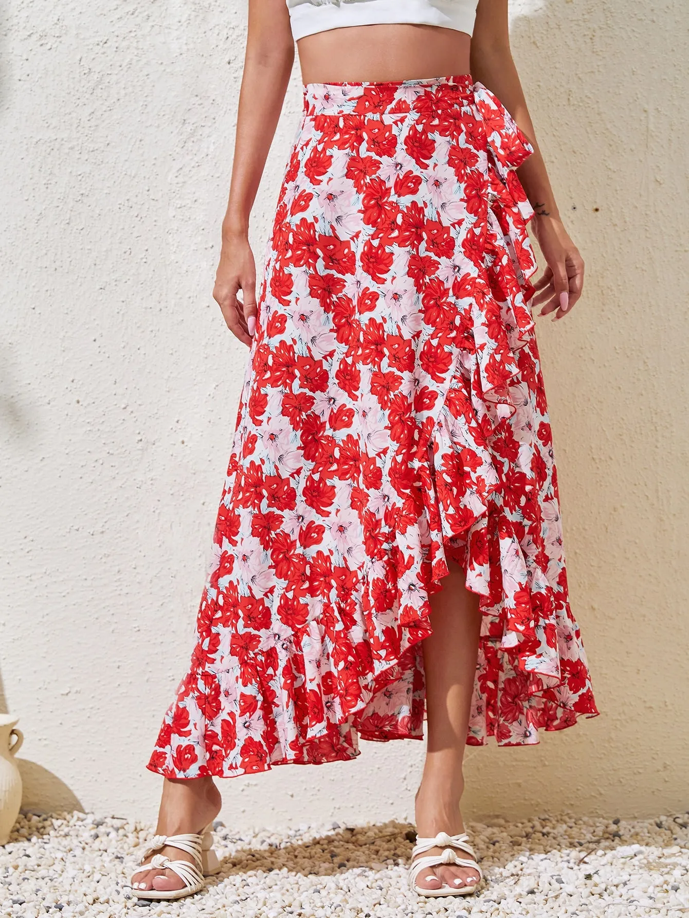 Boho All Over Print Ruffle Hem High Waist Maxi Women Skirts