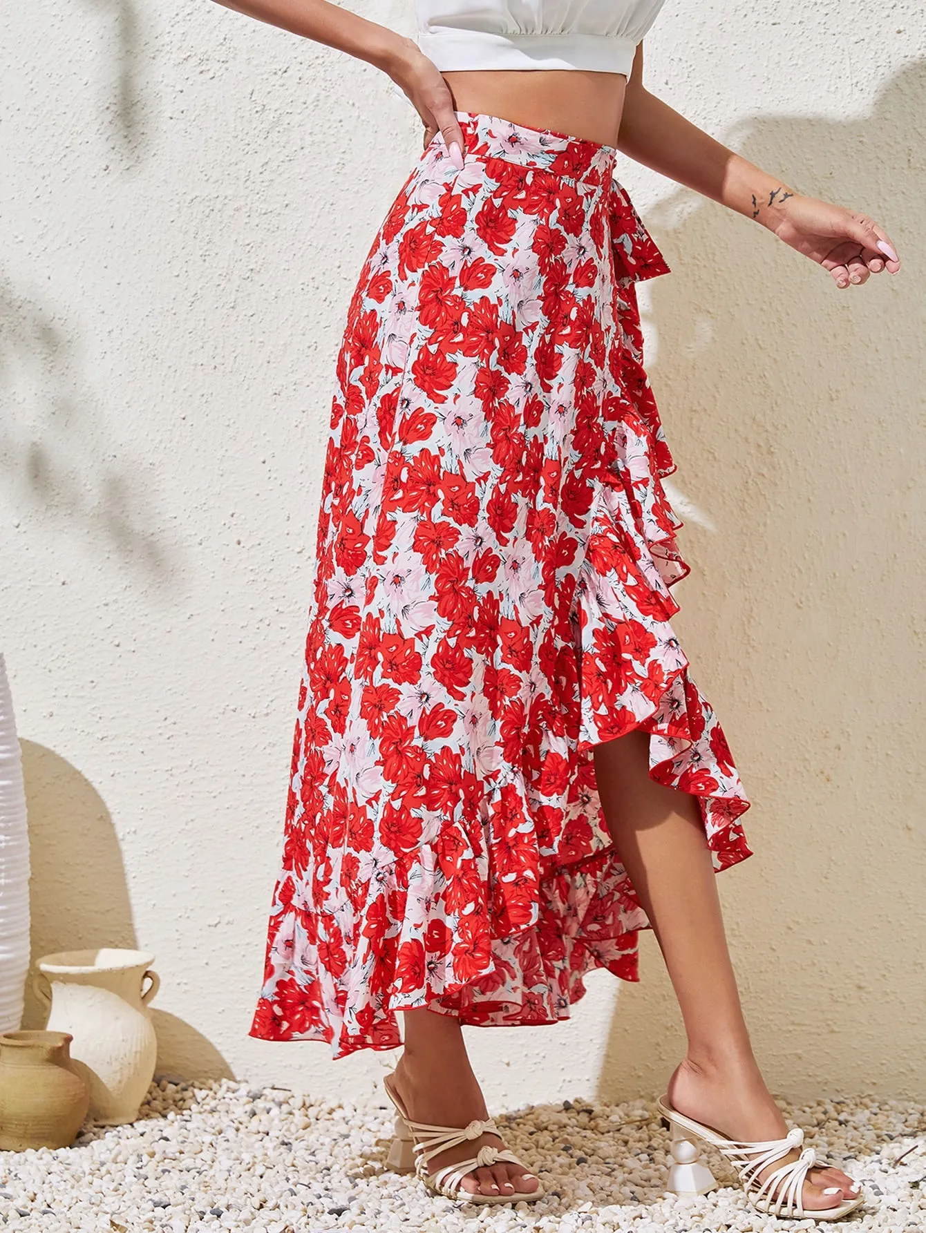 Boho All Over Print Ruffle Hem High Waist Maxi Women Skirts