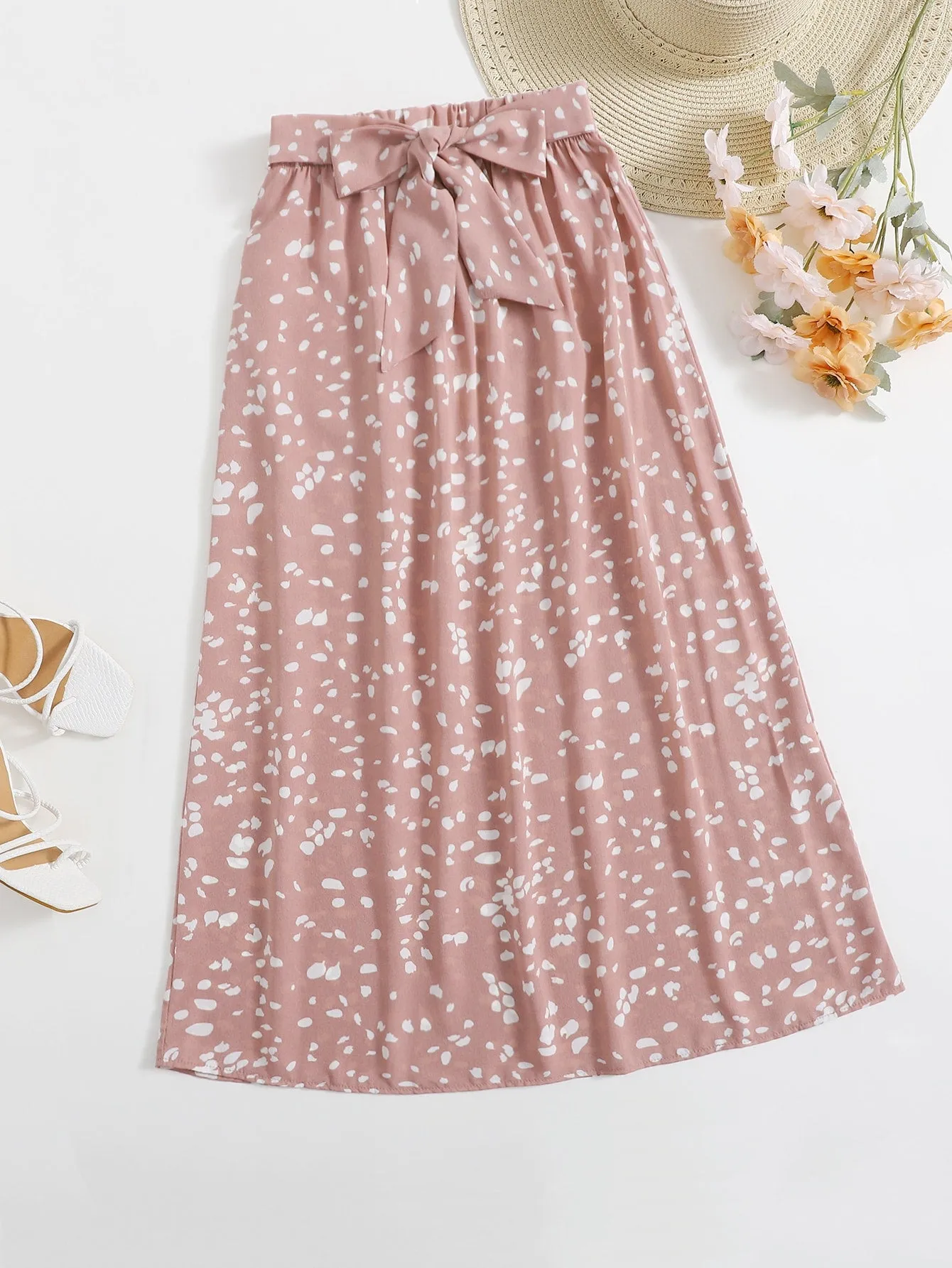 Boho All Over Print Tie Front Natural Long Women Skirt