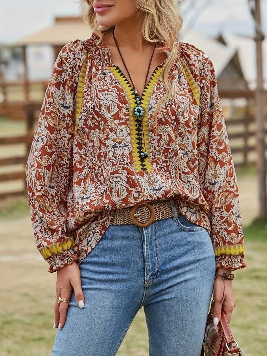 Boho Breeze Womens Paisley Blouse Long Sleeve