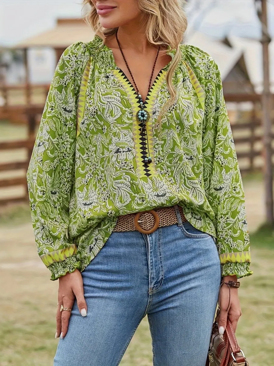 Boho Breeze Womens Paisley Blouse Long Sleeve