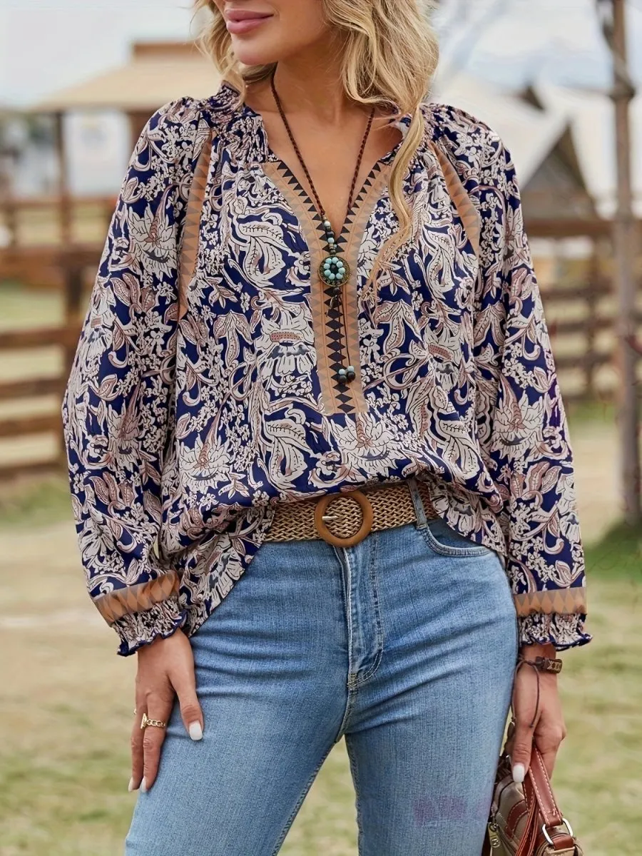 Boho Breeze Womens Paisley Blouse Long Sleeve