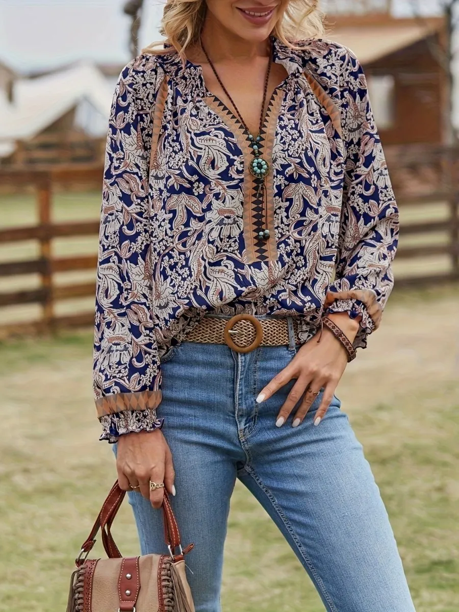 Boho Breeze Womens Paisley Blouse Long Sleeve