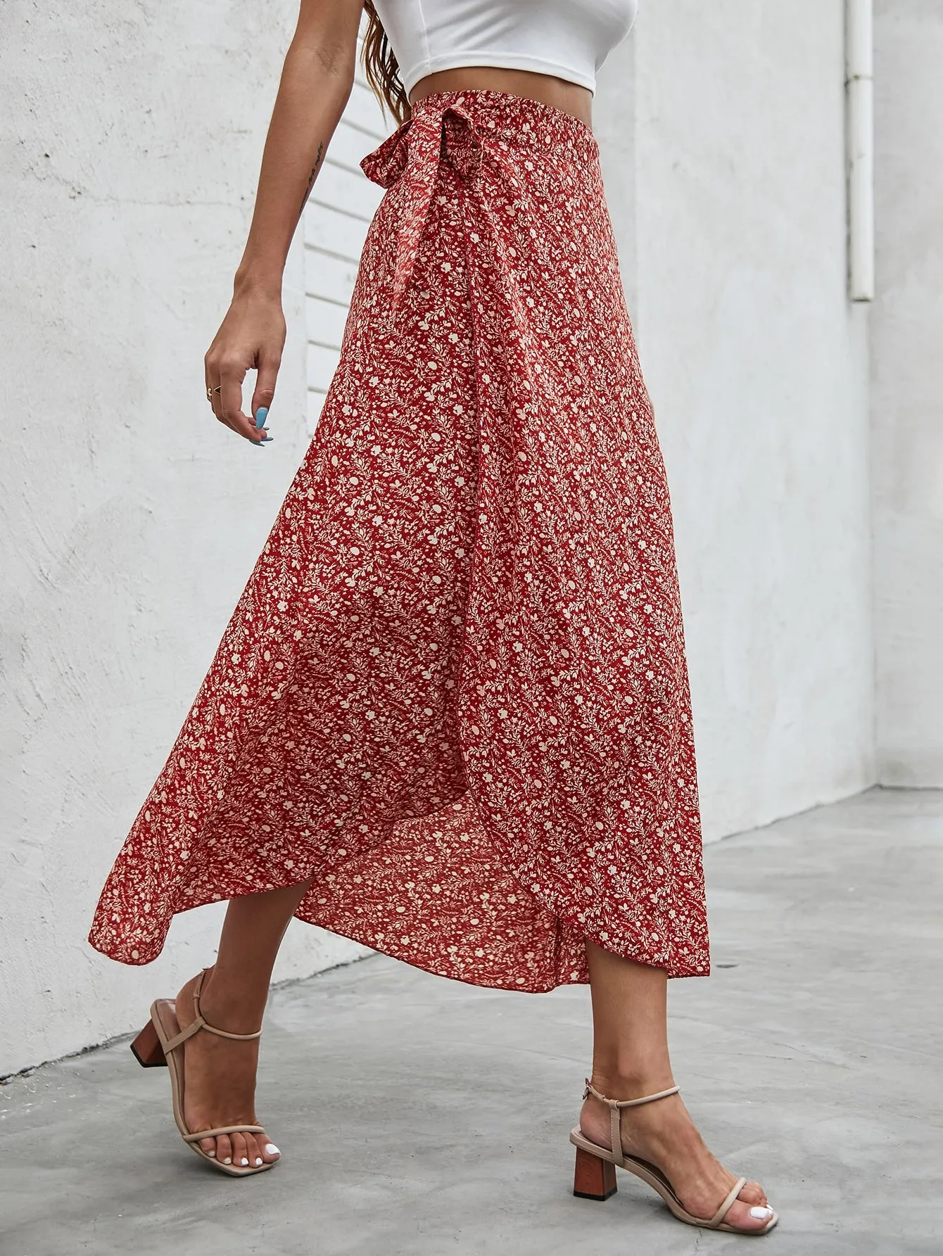 Boho Ditsy Floral Knot High Waist Long Women Skirt