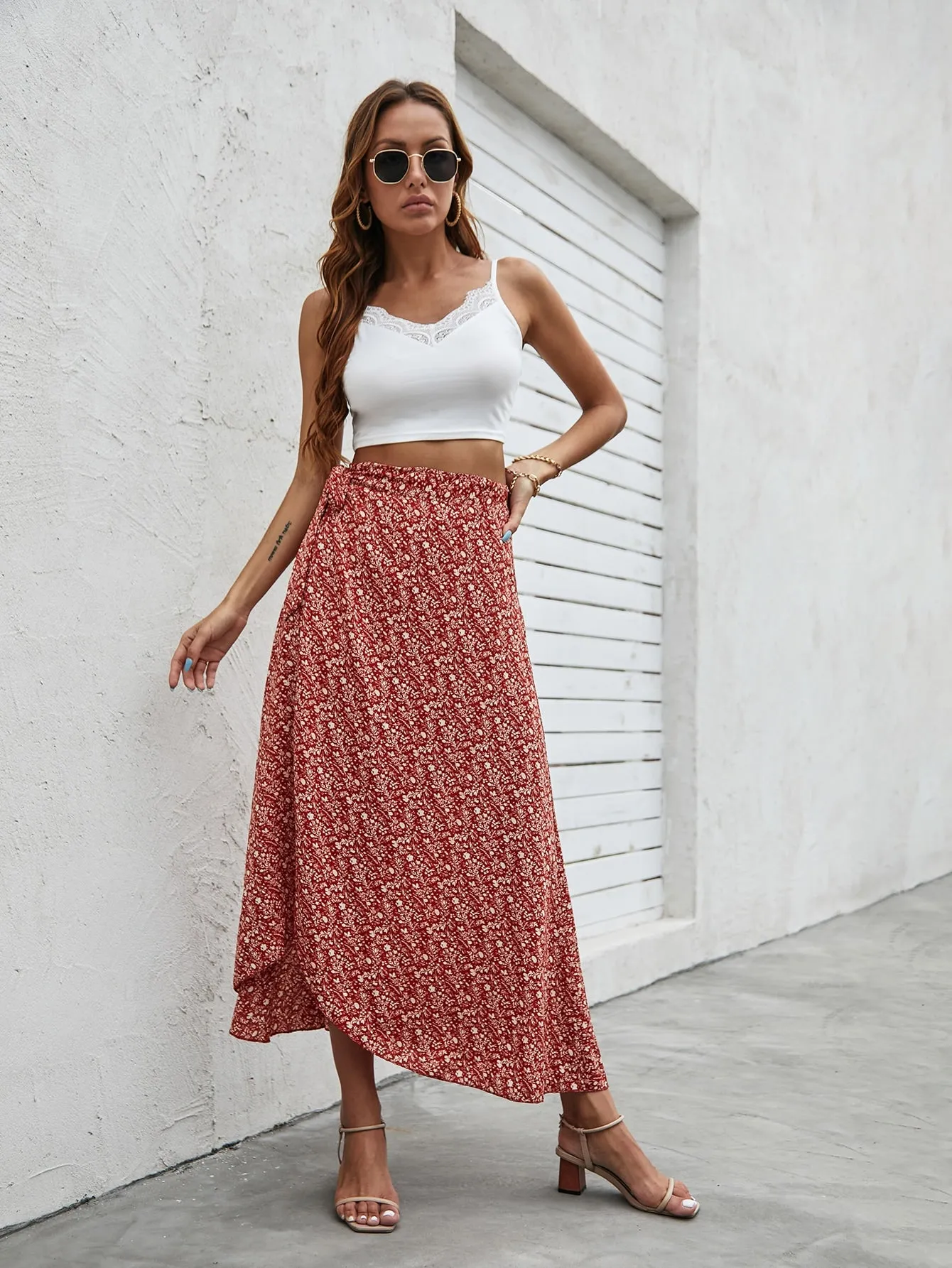 Boho Ditsy Floral Knot High Waist Long Women Skirt