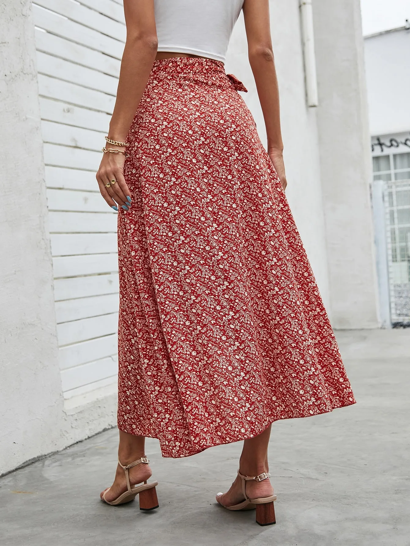 Boho Ditsy Floral Knot High Waist Long Women Skirt