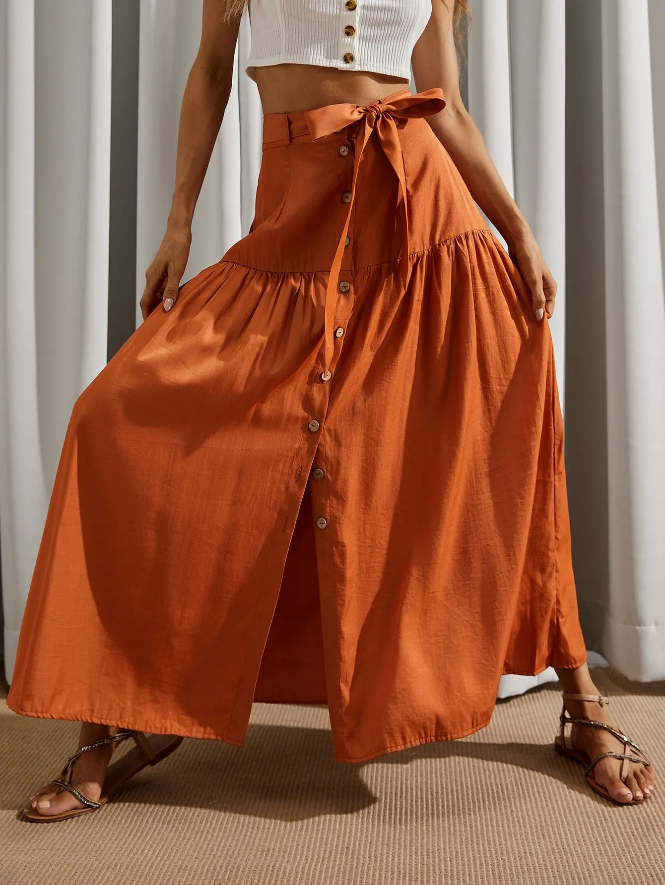 Boho Plain Button Front High Waist Maxi Women Skirt