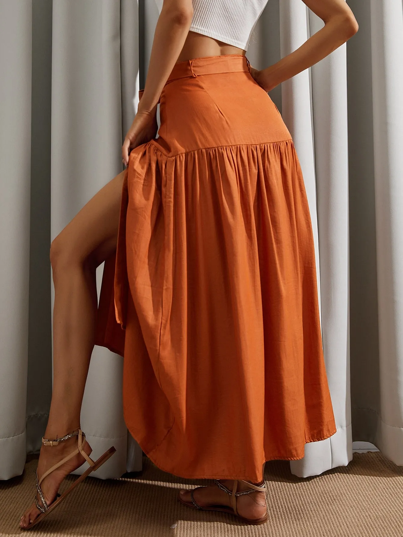 Boho Plain Button Front High Waist Maxi Women Skirt