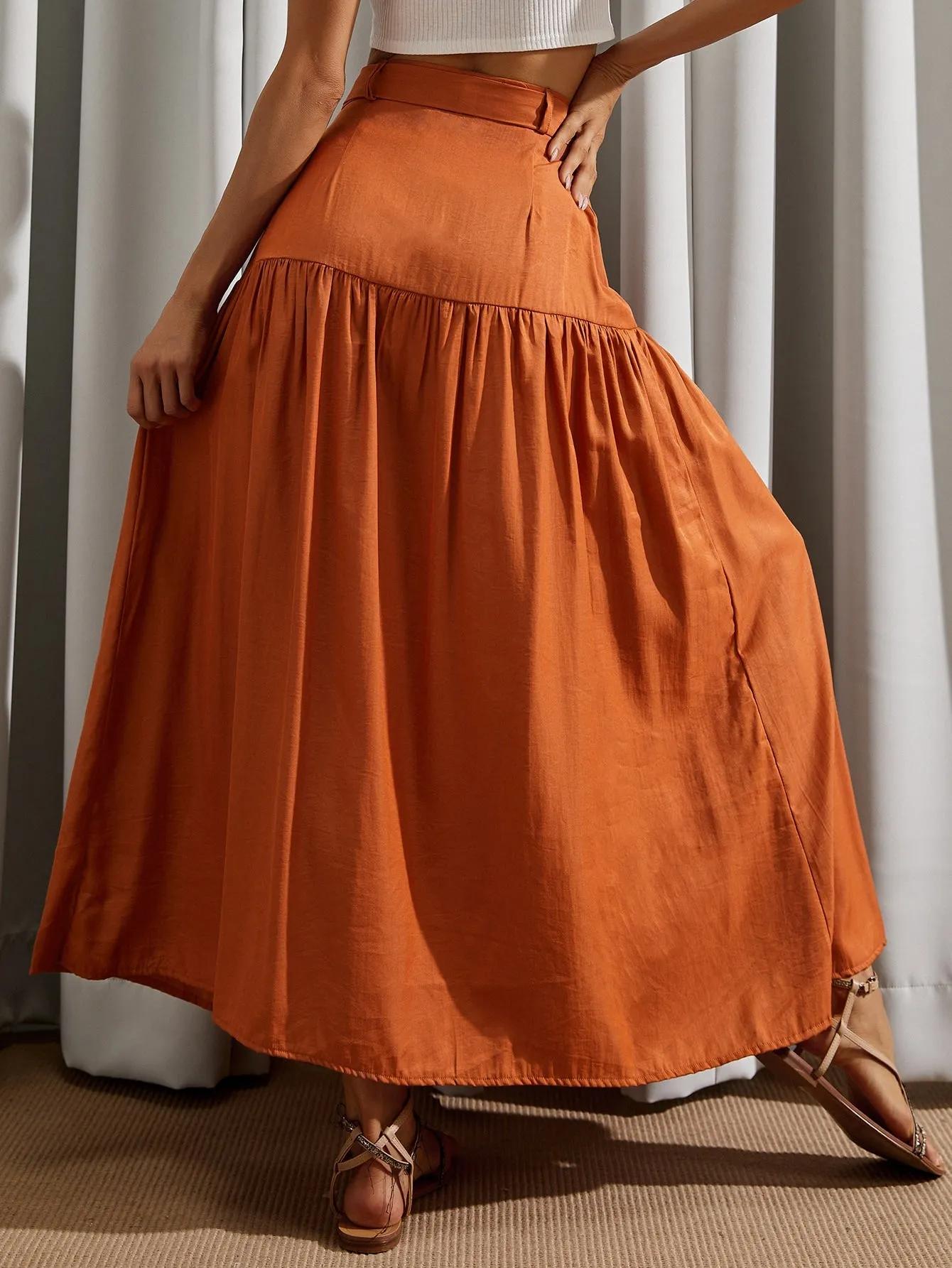 Boho Plain Button Front High Waist Maxi Women Skirt