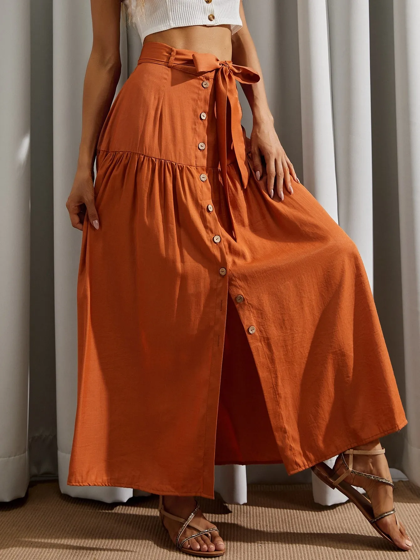 Boho Plain Button Front High Waist Maxi Women Skirt