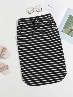 Casual Striped Pocket High Waist Short Women Skirt