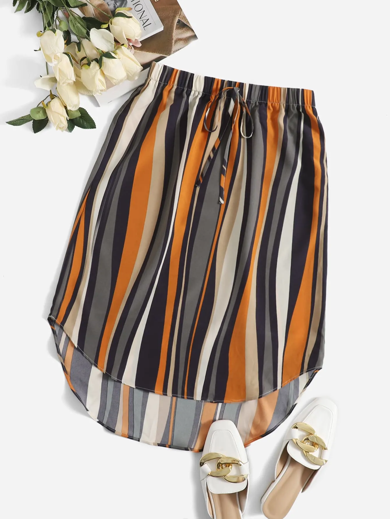 Casual Striped Tie Front Natural Short Women Skirt