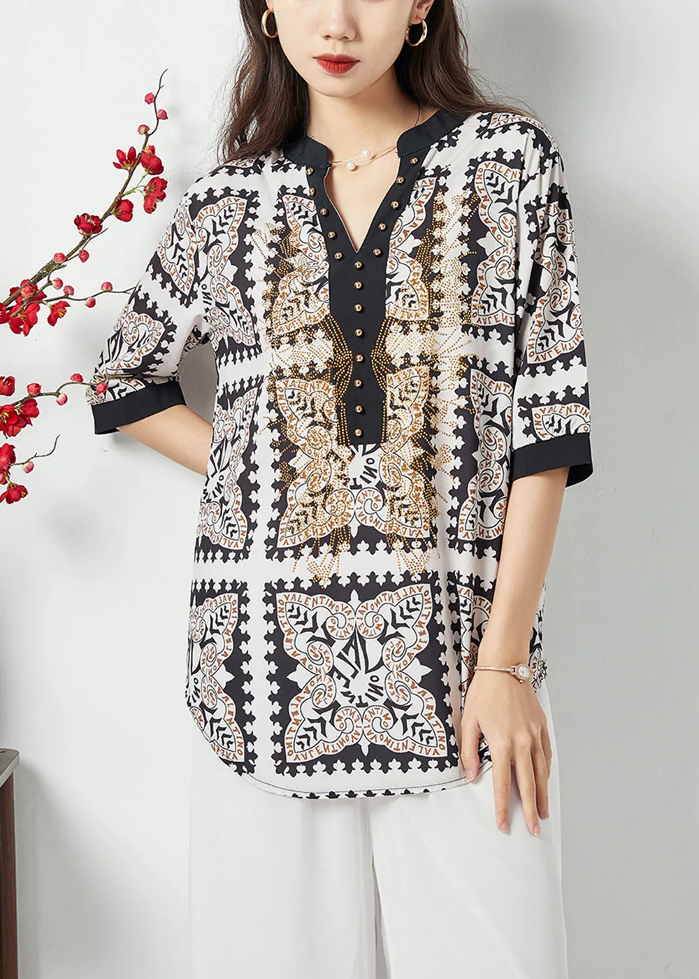 Chic Black V Neck Print Draping Chiffon Blouses Summer LY1130