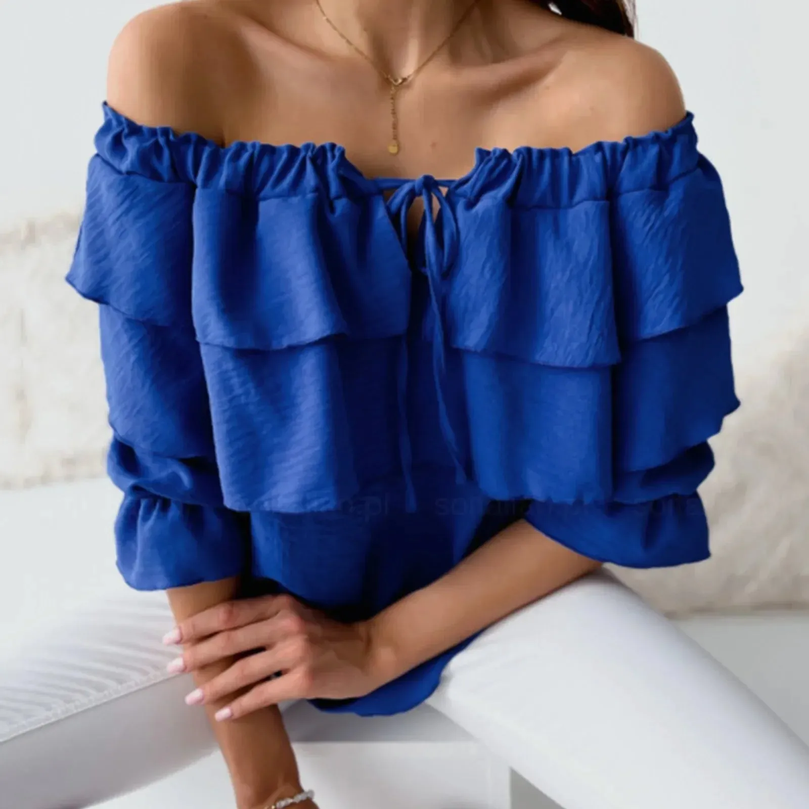 Chic Chiffon Off Shoulder Layered Solid Long Sleeve Blouse for Women