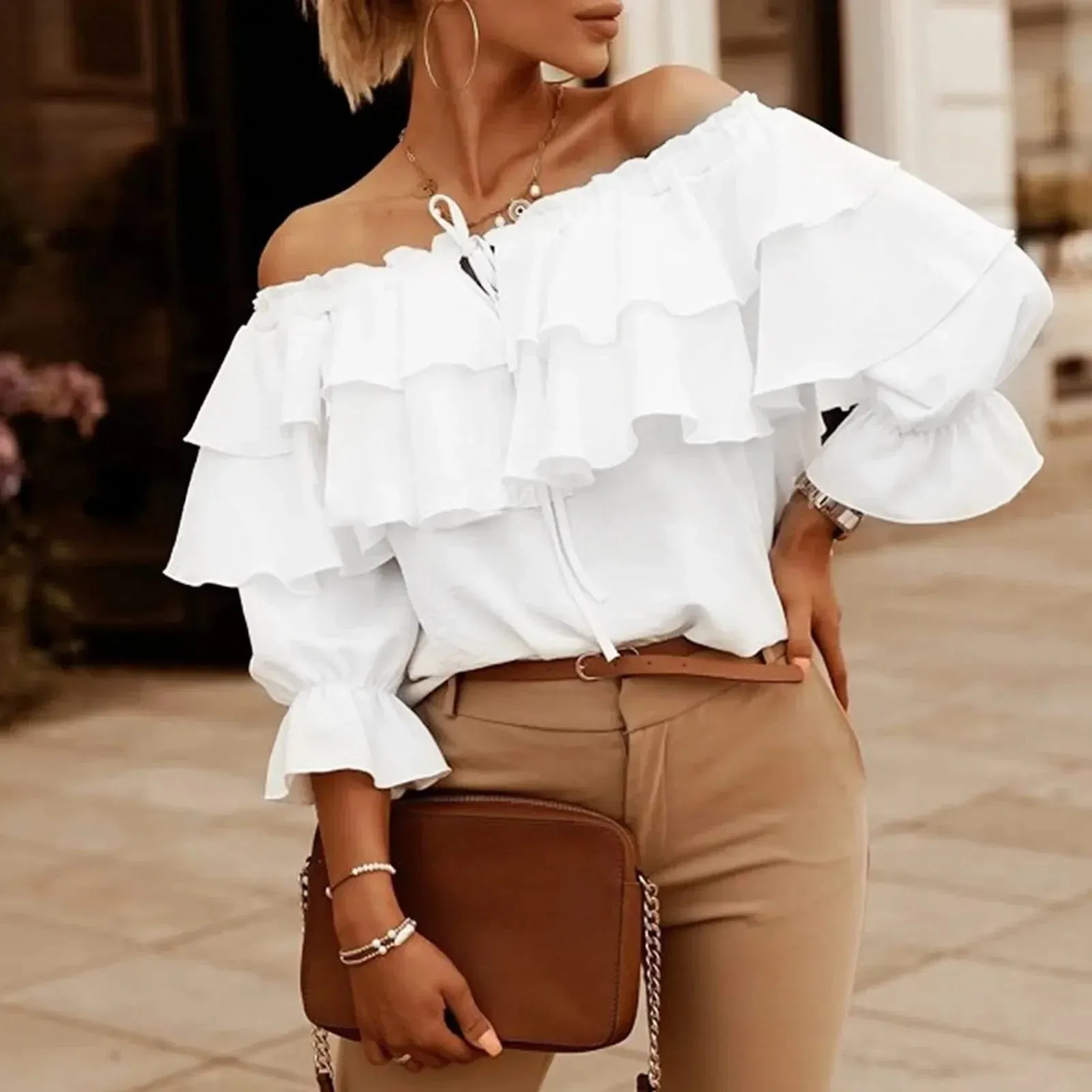 Chic Chiffon Off Shoulder Layered Solid Long Sleeve Blouse for Women