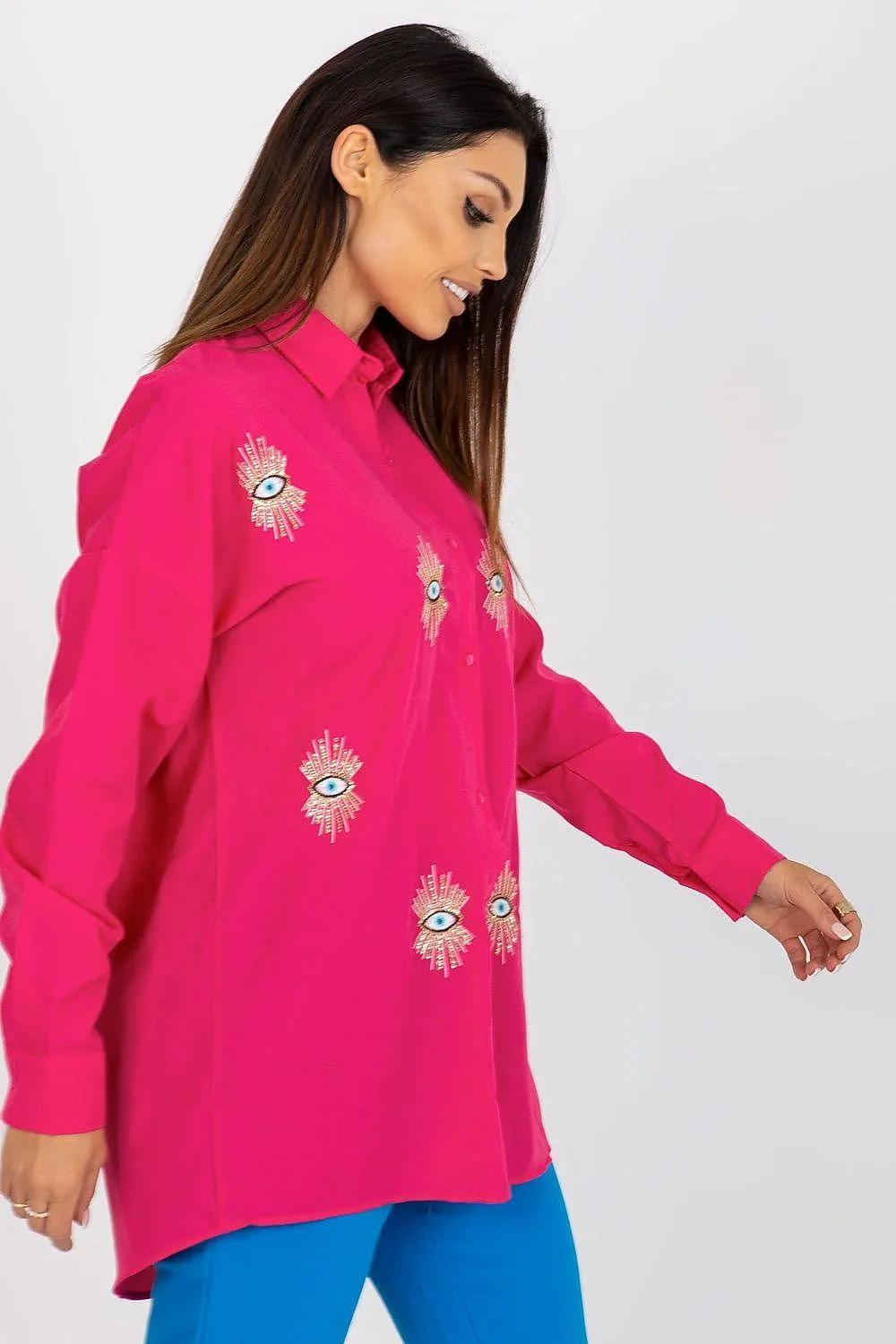 Chic Embroidered Loose-Fit Women's Long Sleeve Shirt with Button Detail