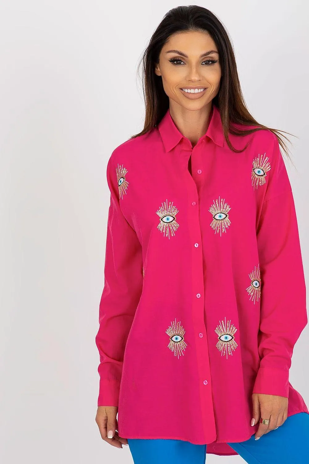 Chic Embroidered Loose-Fit Women's Long Sleeve Shirt with Button Detail