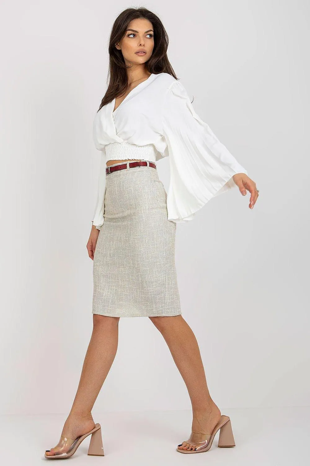 Chic Italian Pleated Sleeve Blouse with Envelope Neckline and Comfortable Elastic Waistband