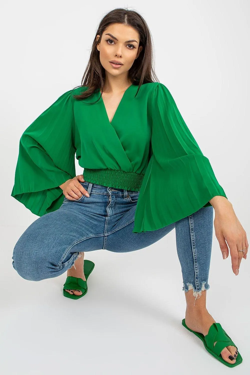 Chic Italian Pleated Sleeve Blouse with Envelope Neckline and Comfortable Elastic Waistband