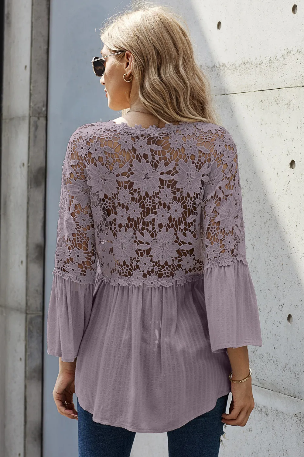 Chic Purple Crochet Lace Button Blouse Top