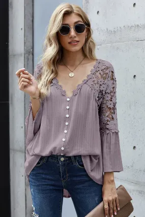 Chic Purple Crochet Lace Button Blouse Top