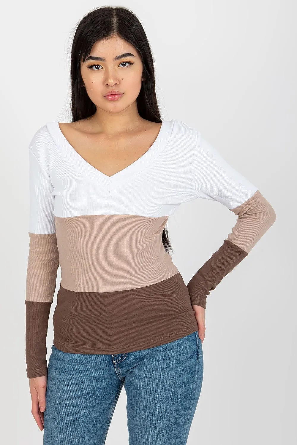 Chic Ribbed Long Sleeve Blouse with Heart-Shaped Neckline