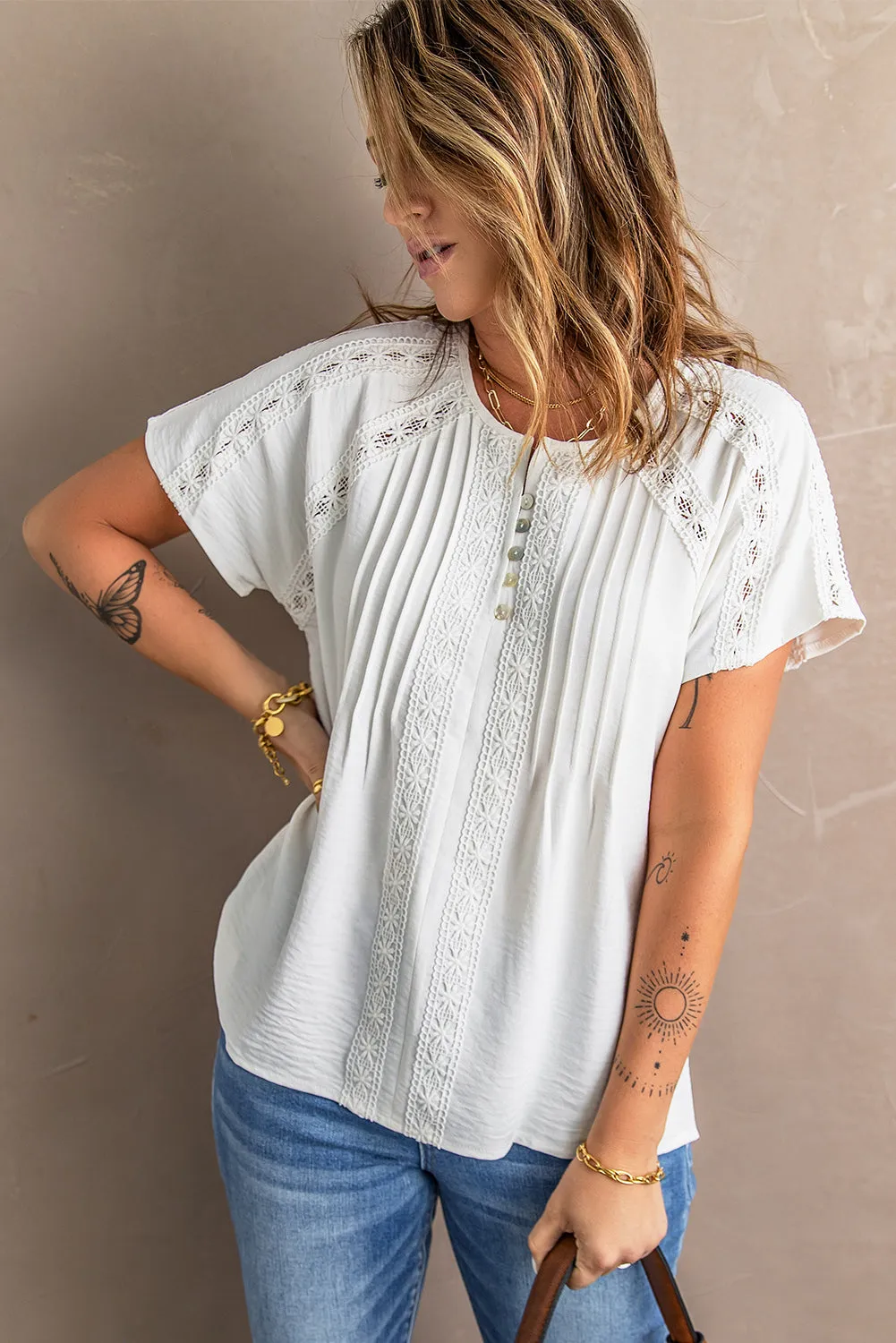 Chic White Crochet Eyelet Short Sleeves Blouse Top