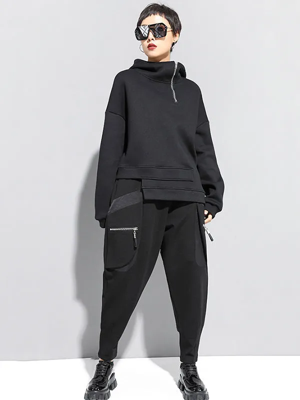 Chicmy-Stylish Black Asymmetric Zipper Hoodies