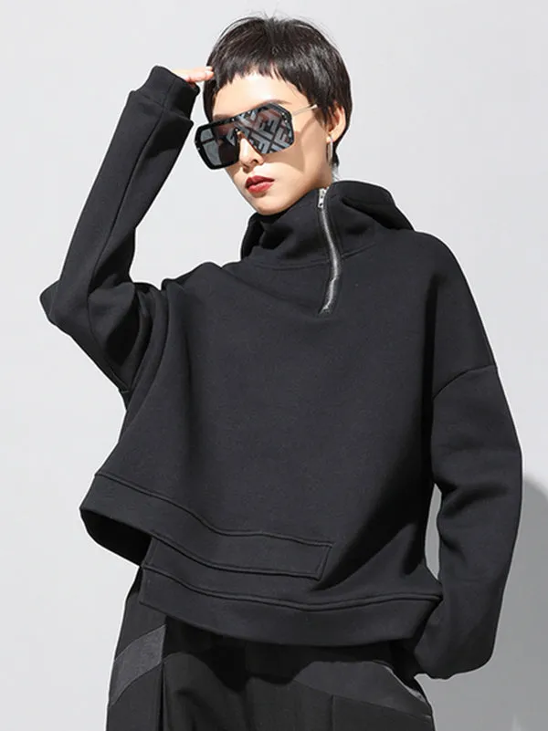 Chicmy-Stylish Black Asymmetric Zipper Hoodies