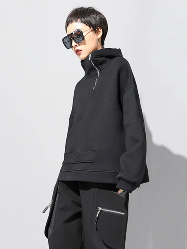 Chicmy-Stylish Black Asymmetric Zipper Hoodies