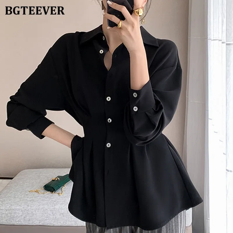 Christmas Gift Joskaa Stylish Chic Turn-down Collar Women Chiffon Shirts Elegant Single-breasted Slim Waist Female Solid Blouses Tops 2024