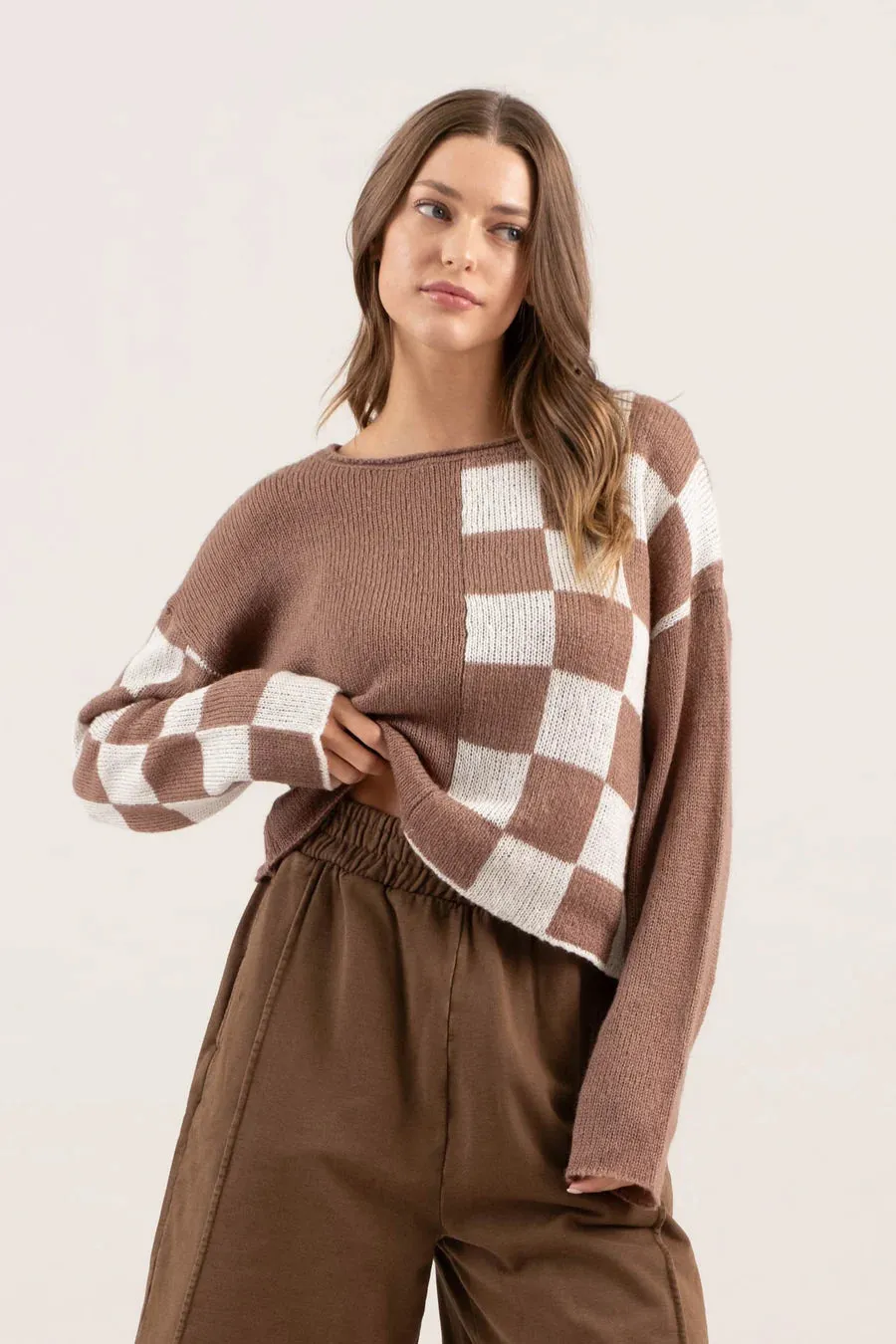 Colorblock Checkered Long Sleeve Knit Pullover Sweater