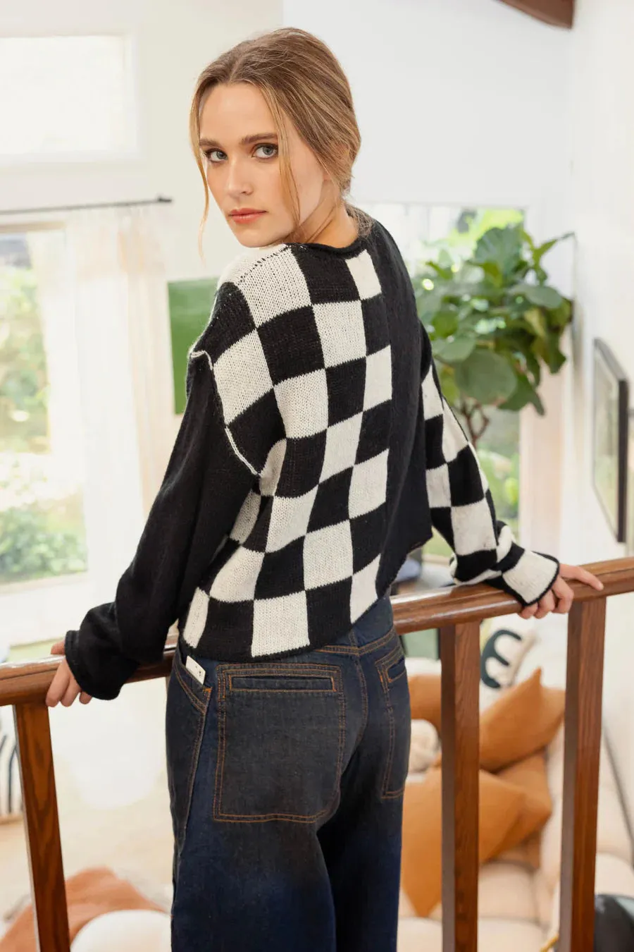 Colorblock Checkered Long Sleeve Knit Pullover Sweater