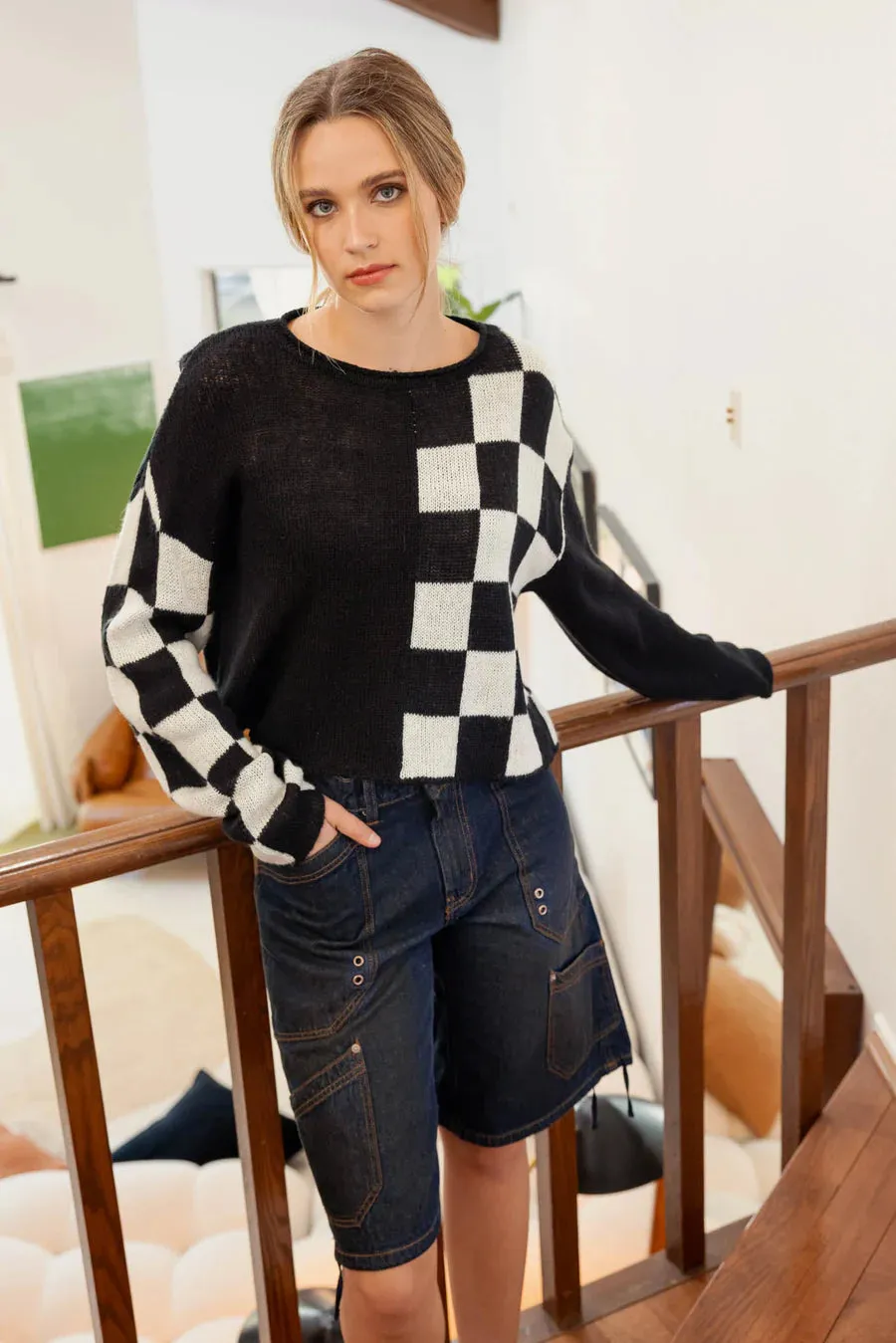 Colorblock Checkered Long Sleeve Knit Pullover Sweater