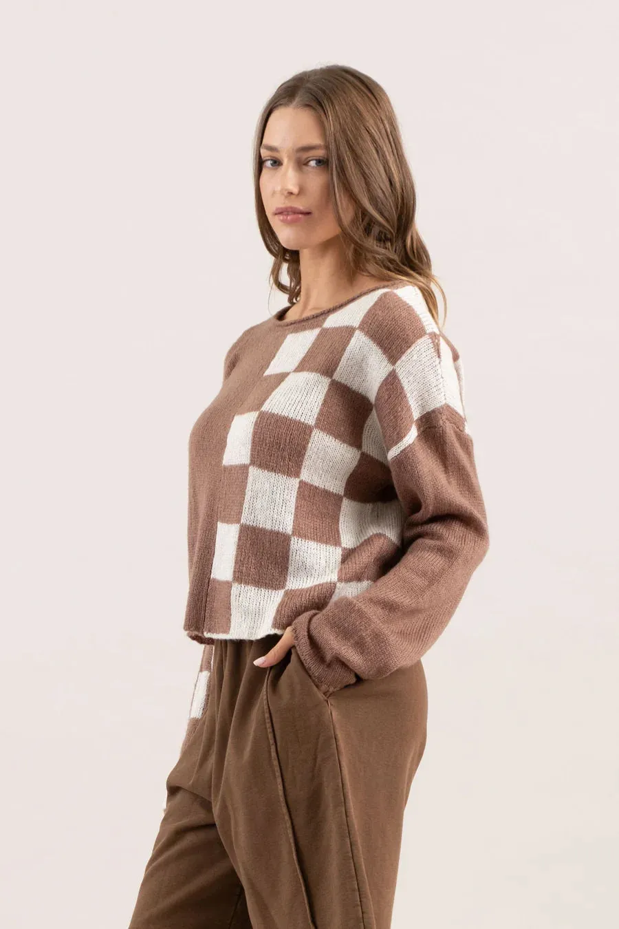 Colorblock Checkered Long Sleeve Knit Pullover Sweater