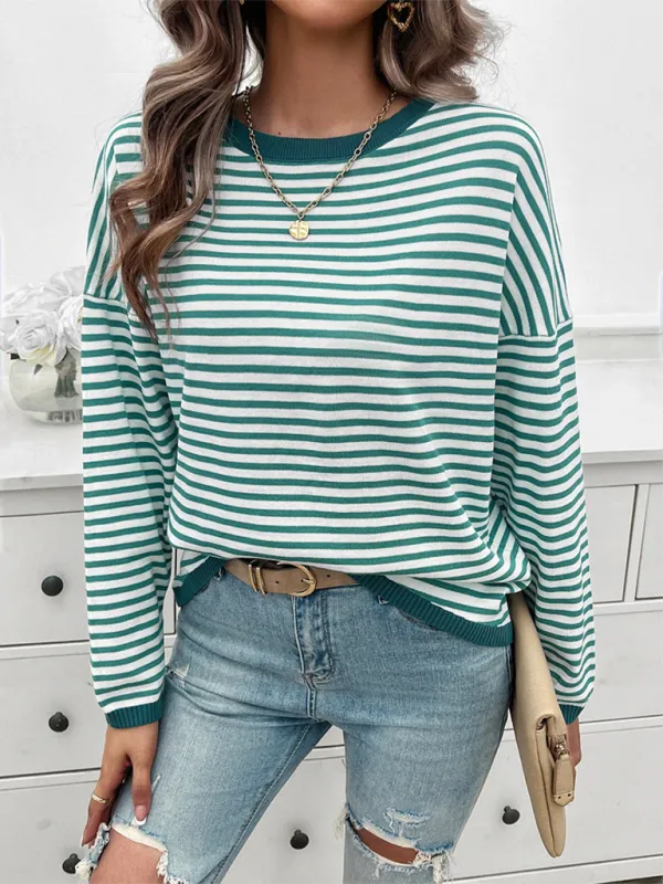 Cozy Stripe Women's Drop-Shoulder Sweater Pullover